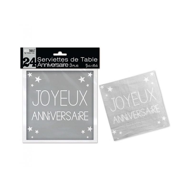 24 Serviettes De Table Joyeux Anniversaire Gris Perle Coti Jouets Accessoires De Fetes Et Decoartion A Themes