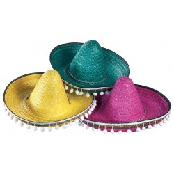 Chapeau Sombrero Mexicain en Paille 45cm avec Pompons