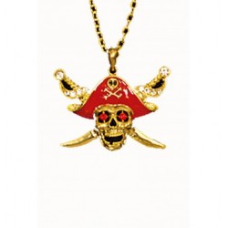 Collier Pirate Tête de Mort Or et Rouge