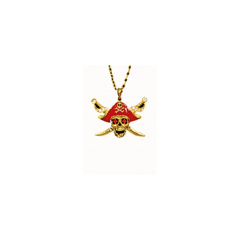 Collier Pirate Tête de Mort Or et Rouge