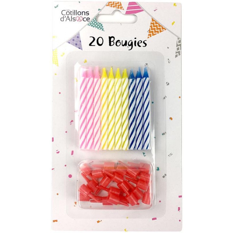 Bougies Anniversaire Multicolores avec Bobèche 20 Pièces