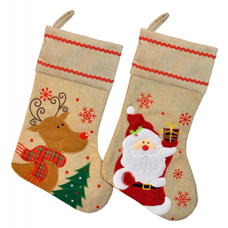 Chaussette de Noël Décorée en Lin