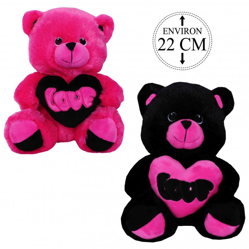 Peluche Ours Coeur Love Rose et Noir 22cm