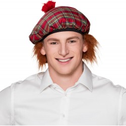 Béret Ecossais Tartan Rouge Avec Cheveux