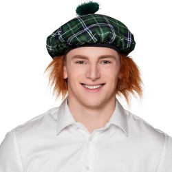 Béret Ecossais Tartan Vert Avec Cheveux