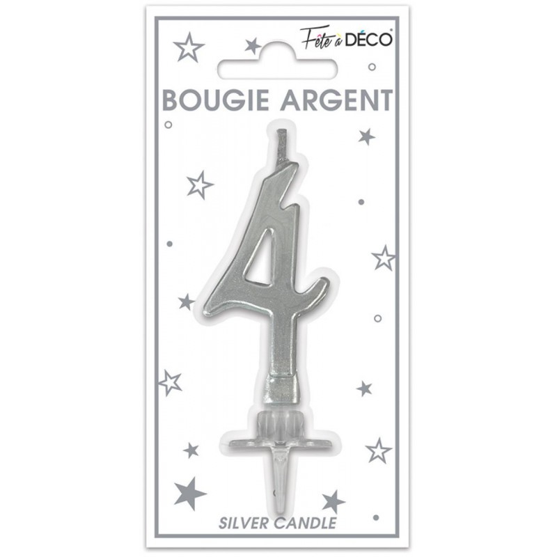 Bougie Anniversaire Chiffre 4 Argent Métallique