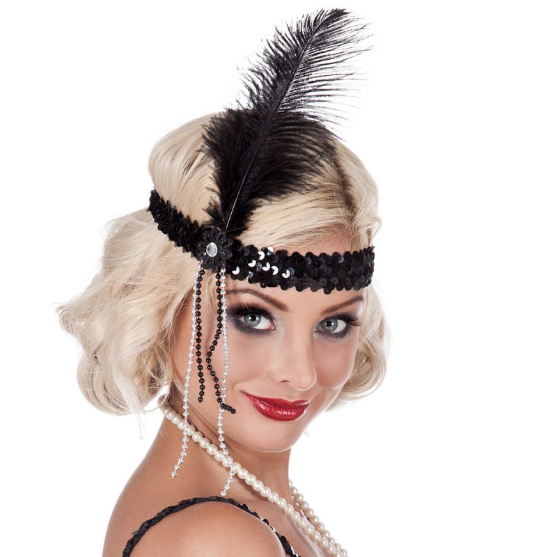 Bandeau Charleston Paillettes Sequins Noir avec Plume Noire