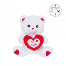 Peluche Ours Coeur Blanc et Rouge Assis 22cm