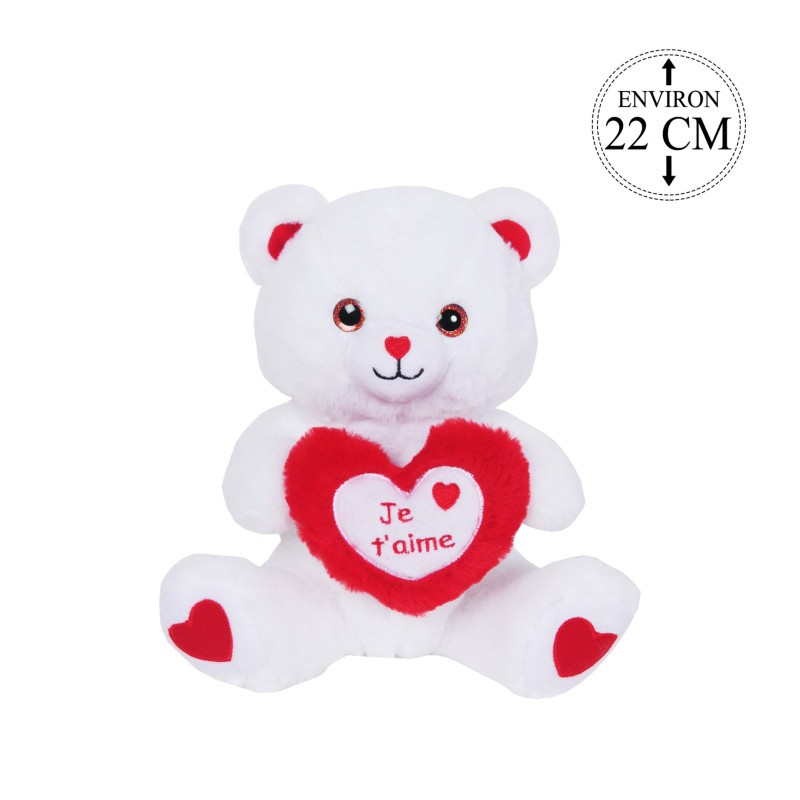 Peluche Ours Coeur Blanc et Rouge Assis 22cm