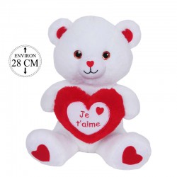 Peluche Ours Coeur Blanc et Rouge Assis 28cm