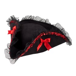 Chapeau Tricorne de Pirate Femme Noir avec Sequins Rouge