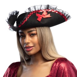 Chapeau Tricorne de Pirate Femme Noir avec Sequins Rouge