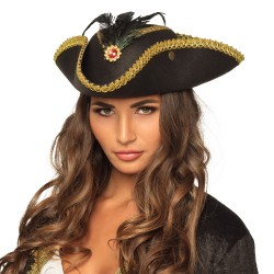 Chapeau Tricorne de Pirate Femme Noir et Or avec Plume
