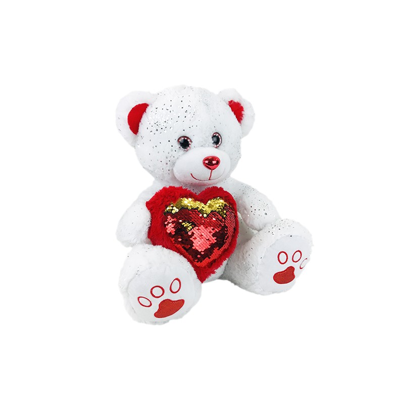 Peluche Géante Ours Assis Blanc Paillettes Avec Coeur Sequin 60cm