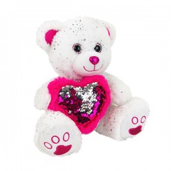 Peluche Géante Ours Assis Blanc Paillettes Avec Coeur Sequin 60cm