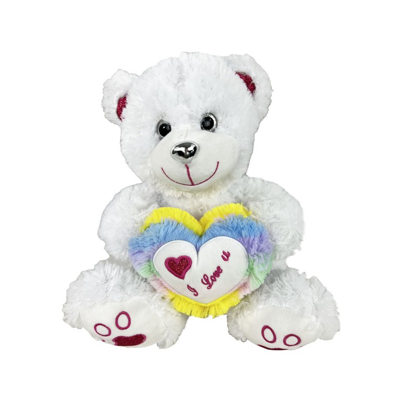 Peluche Ours Assis Blanc Paillettes Avec Coeur 25cm