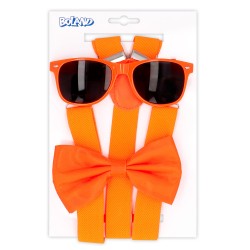 Accessoires De Déguisement Orange Fluo (Bretelles, Lunettes, Noeud Papillon)