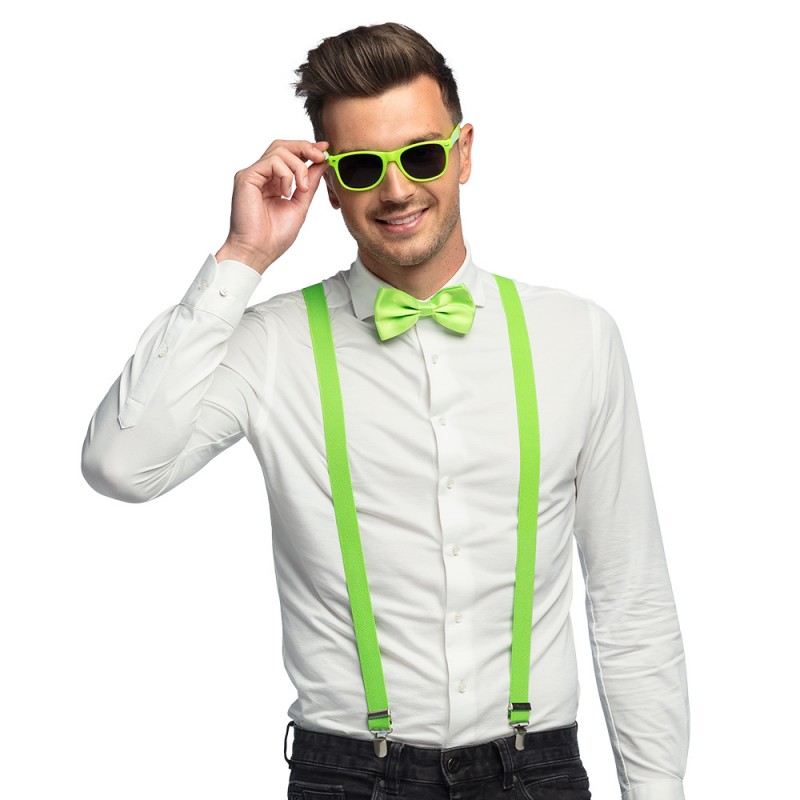 Accessoires De Déguisement Vert Fluo (Bretelles, Lunettes, Noeud Papillon)