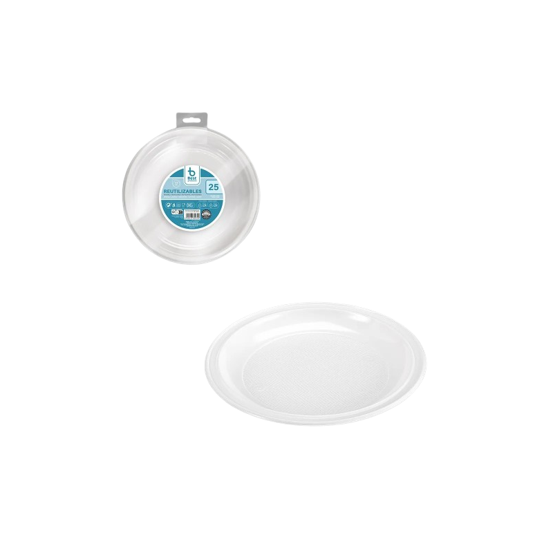 Assiettes Rondes en Plastique Réutilisable Blanc 17cm - 25 Pièces