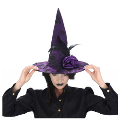 Chapeau De Sorciere Violet Avec Plumes et Roses