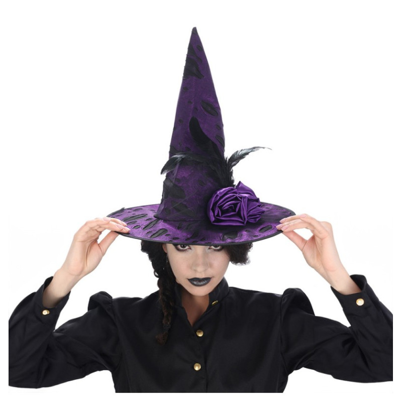 Chapeau De Sorciere Violet Avec Plumes et Roses