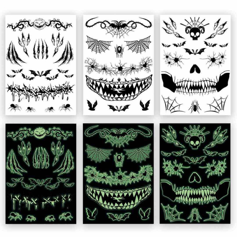 Tatouage Éphémère Halloween Phosphorescent Modèles Assortis