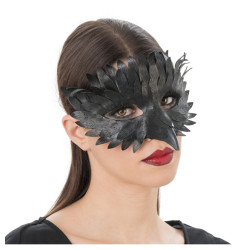 Demi Masque Noir Avec Plumes en Simili Cuir