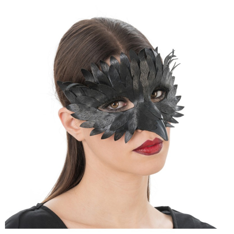 Demi Masque Noir Avec Plumes en Simili Cuir