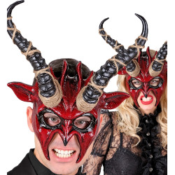 Demi-Masque Démon Chaman Rouge Avec Longues Cornes