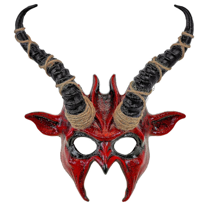 Demi-Masque Démon Chaman Rouge Avec Longues Cornes