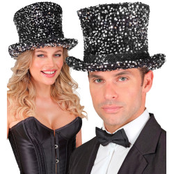 Chapeau Haut de Forme Satin Noir Et Argent