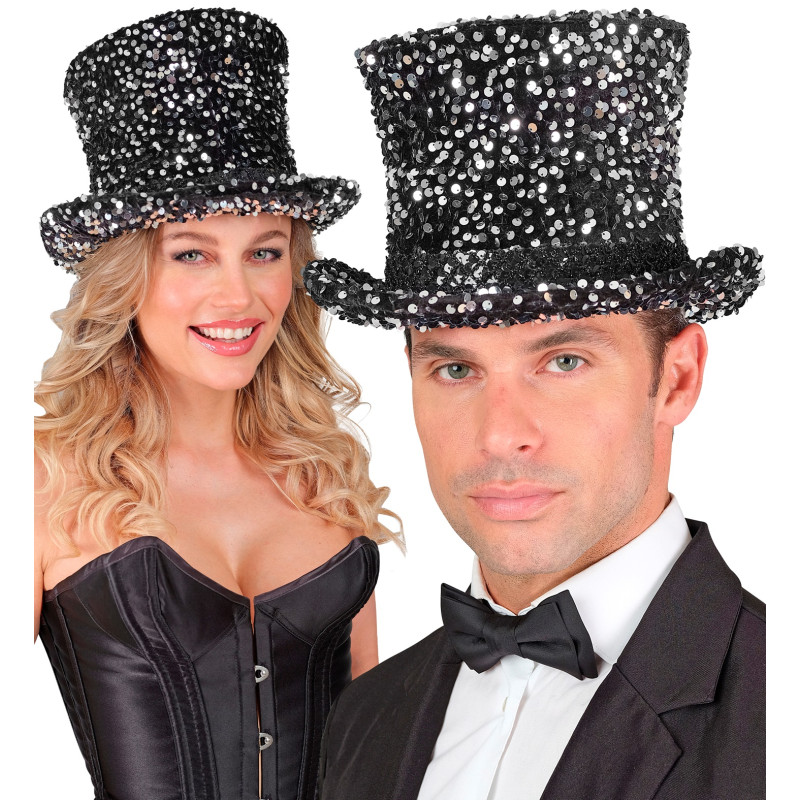 Chapeau Haut de Forme Satin Noir Et Argent