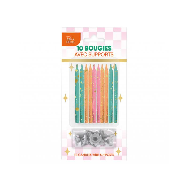 Bougies Paillettées Rétro Pop 10 Pièces Avec Supports
