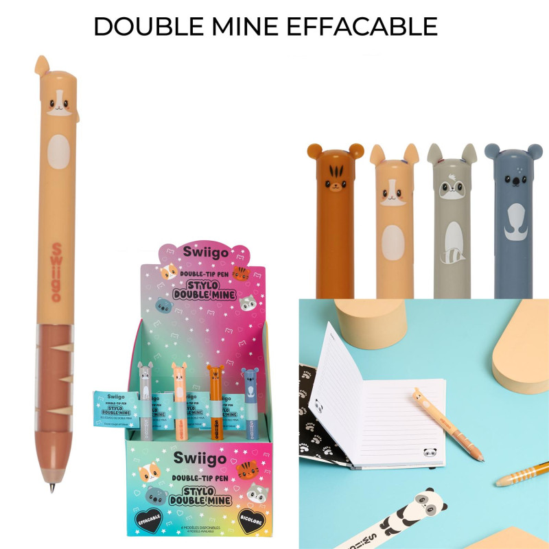Stylo Gel Effacable Double Mine Animaux Swiigo