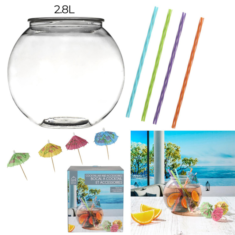 Bocal à Cocktail 2,8 Litres Avec 4 Pailles et Minis Parasols