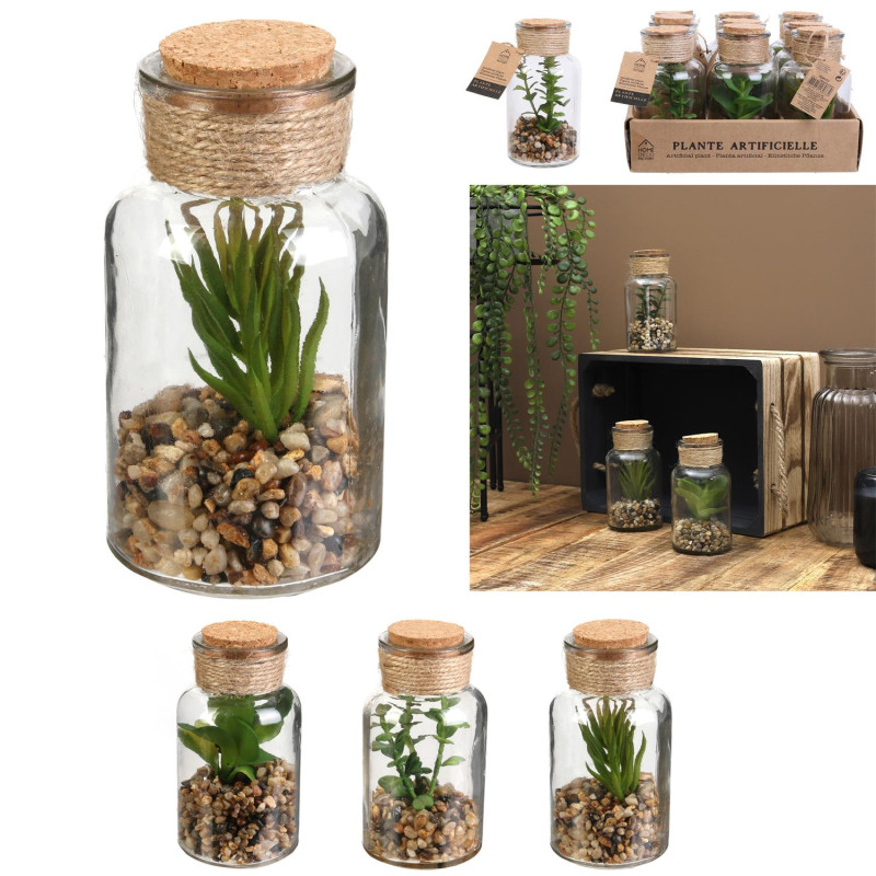 Fiole En Verre Avec Mini Plante Artificielle