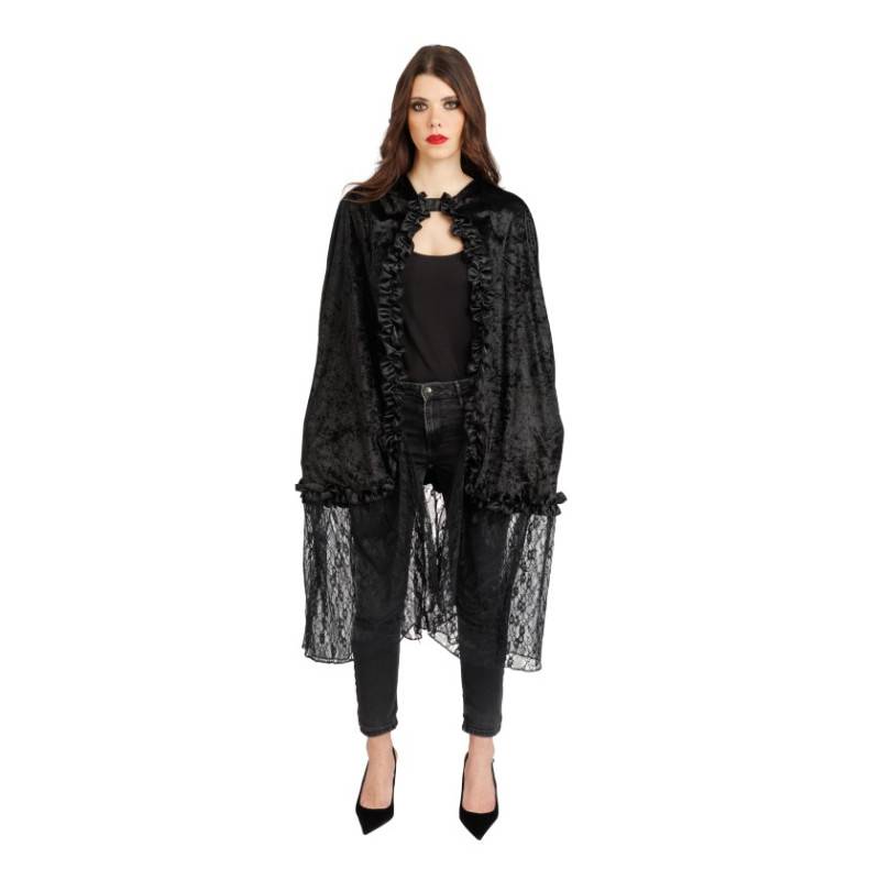 Déguisement Cape Capuche Velours et Dentelle Noir 145cm